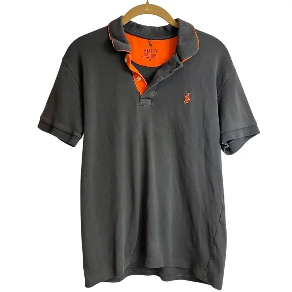 Polo Ralph Lauren Polo Shirt Brown Orange Spell Out Flip Collar Shirt Size M